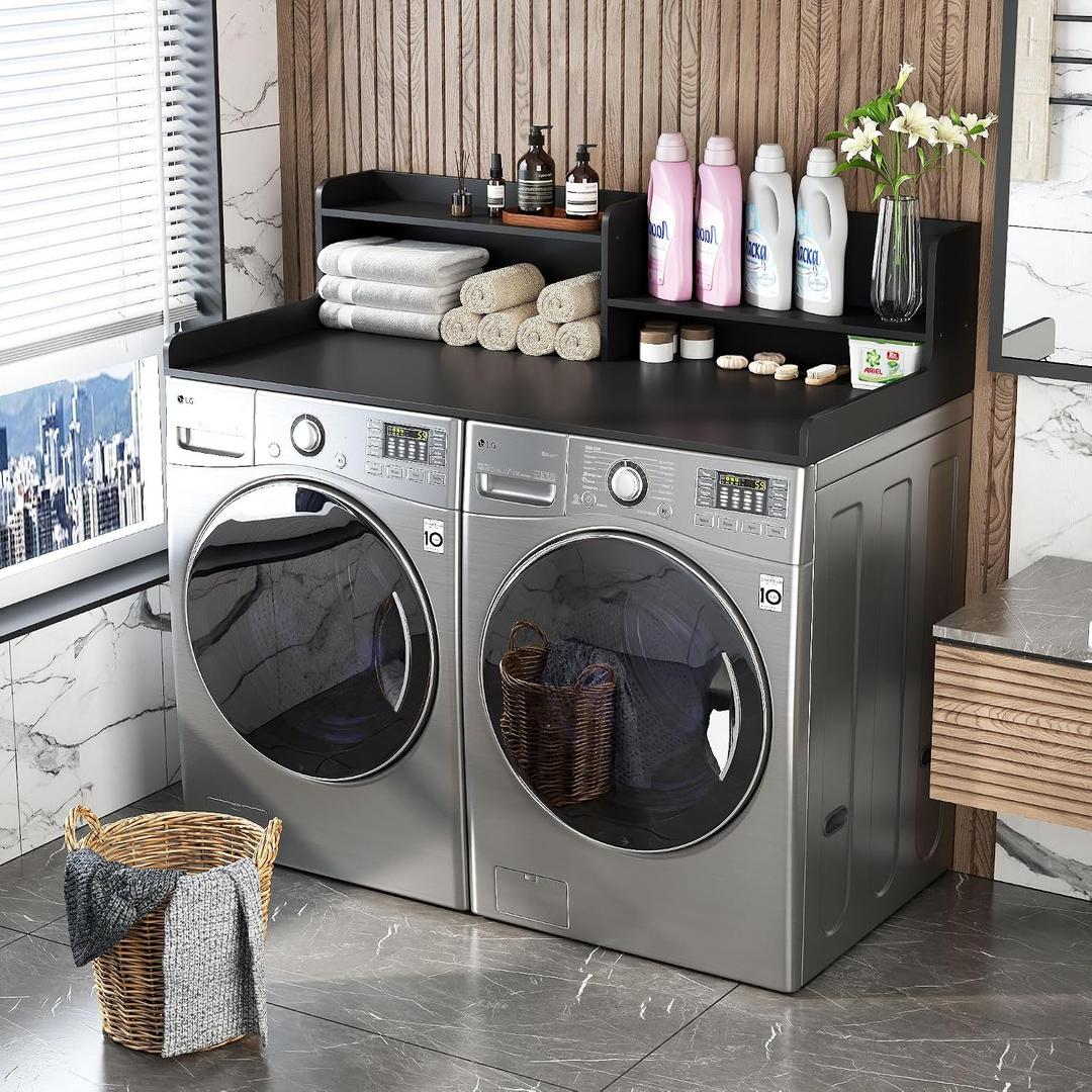 2-Tier Bamboo Laundry Washer and Dryer Countertop Black | Large Size:54"27.55",2-Tier Vertical Storage,Anti-fall Guard Rails,Rounded Corners,Easy to Clean,Non-slip pad