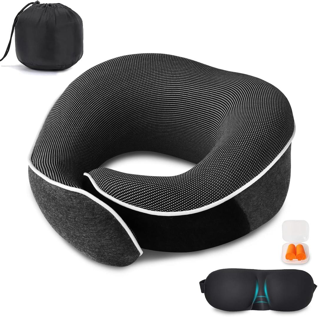 Neck Pillow for Travel, Airplane Memory Foam Plane Pillow Adjustable 12-18", Lightweight Breathable Flight Pillow with Pouch, Office & Car Use, Durable Washable Fabric Dark Grey
