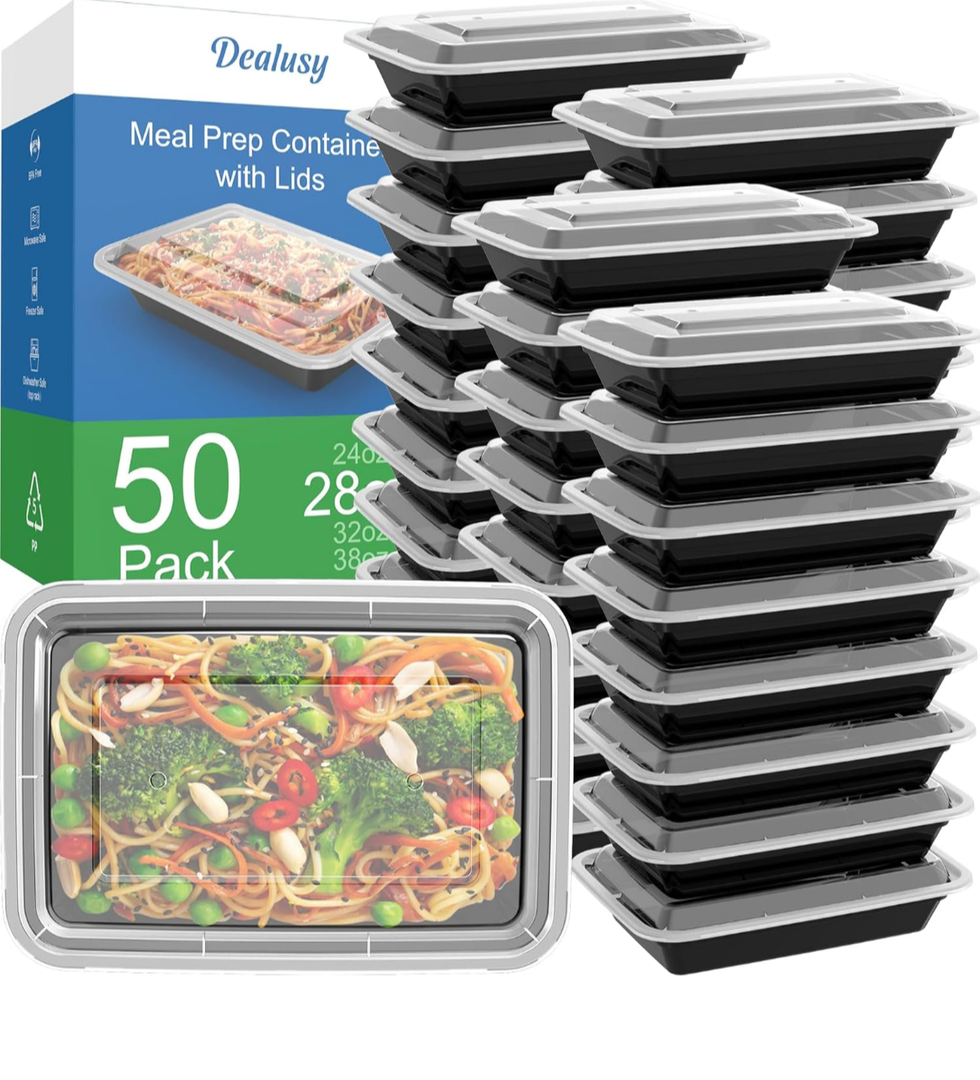 50 Pack (100-Piece) 28 oz Meal Prep Containers Reusable with Lids, Sturdy Leakproof & Food Safe, Microwave, Freezer, Dishwasher Safe Prep Containers, To Go Take Out Plastic Food Storage