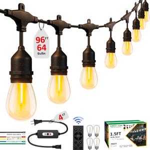 100FT LED Outdoor String Lights with 60+4 Waterproof Bulbs(1.5FT Bulbs Spacing), Remote & Dimmer, Commercial Grade Patio Lights with 3 Mode Light & Timing, 100PC Ties