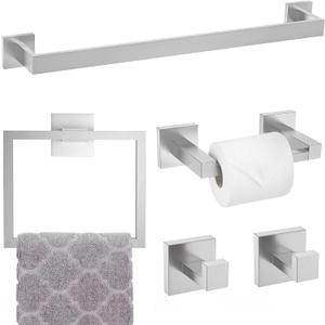 Brushed Nickel Towel Bar Set,5-Piece Bathroom Hardware Set Includes Upgraded Double Base Paper Towel Holder Modern Square Towel Holder Set,Stainless Steel Wall Mount 23.6 Inch