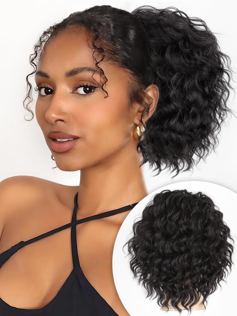 ALXNAN Wavy Curly Ponytail Extension, 8" Black Brown Drawstring Ponytail for Black Women Short Soft Natural Synthetic Hairpiece Thick For Daily Use (8 Inch)
