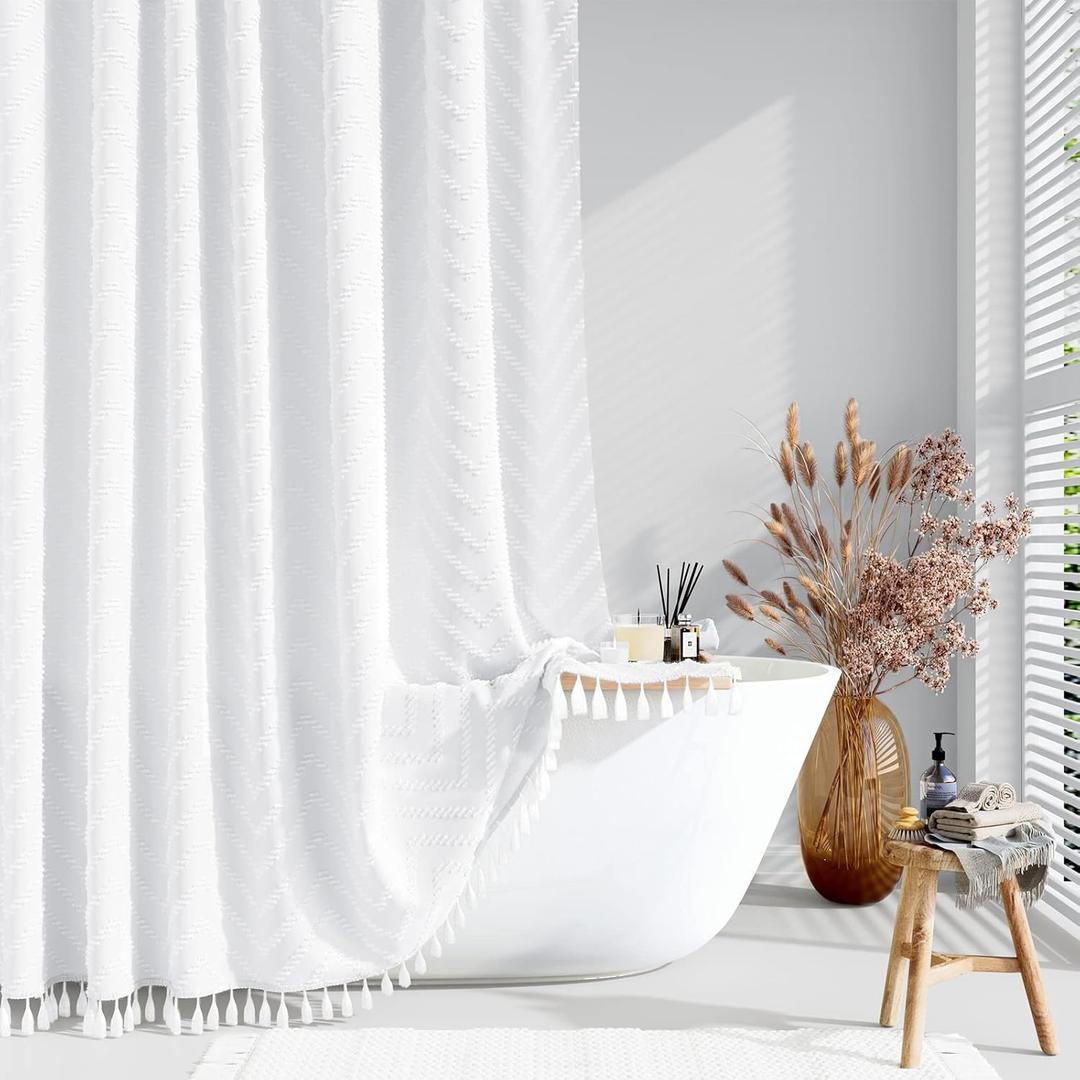 Dynamene Extra Long Shower Curtains, 84 Inches Long Boho Tufted Chevron Striped Fabric Shower Curtains for Bathroom, Tall Minimalist Chic Waterproof Cloth Shower Curtain Set with Hook, White, 72x84