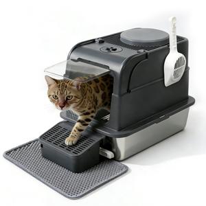 Stainless Steel Cat Litter Box with Lid,Enclosed or Open Design,Front Entry Top Exit,Extra Large Litter Box,with Flip top,Odor Control Easy Cleaning,Includes Mat, Scoop & Step,Grey