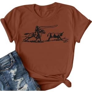 Retro Rodeo Shirt Women Cowgirl Bleached T Shirt Western Cowboy Rodeo Outfit Country Music Tee Short Sleeve Top (Brown, XL)