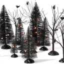 17 Pcs Halloween Village Accessories Set - 8 Black Pine and 8 Bare Branch Trees with 9.84 ft LED Orange Light - Battery Operated Village Tabletop Displays Spooky Tree for Party Table Decor