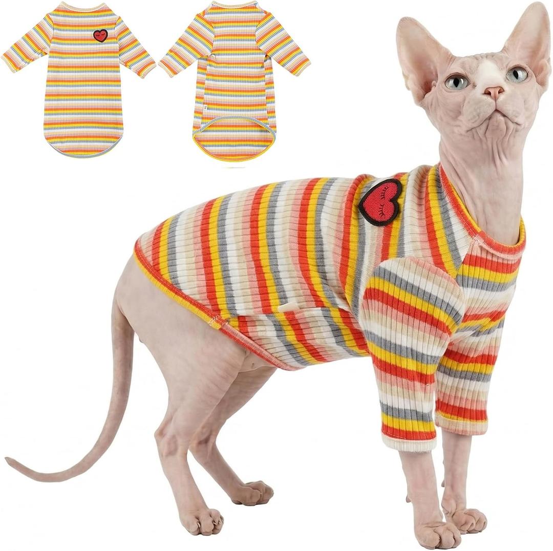 DENTRUN Hairless Cats Shirt Breathable Cat Daily Wear Clothes Stripe Vest Adorable Pajamas Jumpsuit Soft & Skin-Friendly, Medium