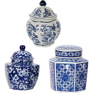 A&B Home Blue and White Vase, Porcelain Ginger Jars for Home Decor, Chinoiserie Vase for Bedroom Living Room Console Table Accent, Shelf and Tabletop Decor, Set of 3 (6.5"H)
