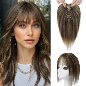 SEIKEA Hair Toppers for Women Real Human Hair, 10" Fluffy Natural Realistic 7x11CM Base Clip in Bangs with Wispy Bangs Hand-Tied Invisible Hairpieces for Thinning Hair Chocolate Brown with Blonde