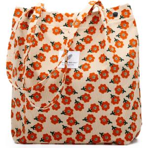 Corduroy Tote Bag Cute Tote Bags for Women Shoulder Bag with Inner Pocket for Work Beach Travel and Shopping Grocery, Flower 