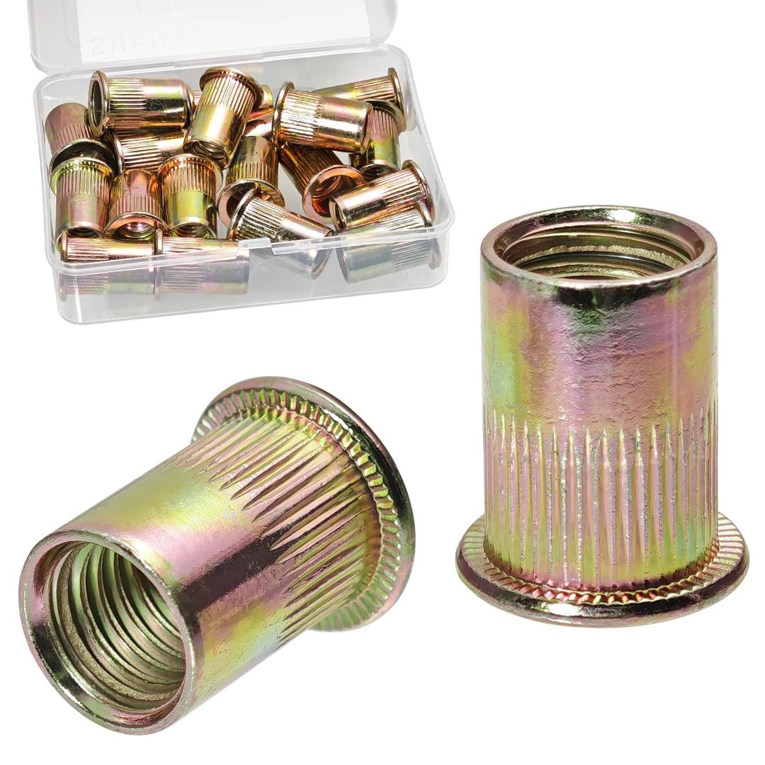 20PCS 1/2"-13UNC Rivet Nuts Carbon Steel Zinc Plated Rivets Nutsert Flat Head Rivnut Threaded Inserts Nut (Yellow, 1/2"-13)