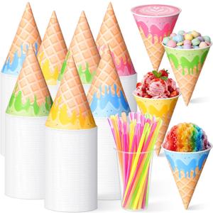 Honeydak 200 Pcs 6 oz Snow Cone Cups with Spoon Straws Disposable Paper Shaved Cups for Ice Cream Birthday Party Supplies, about 4.72 x 3.4 inches