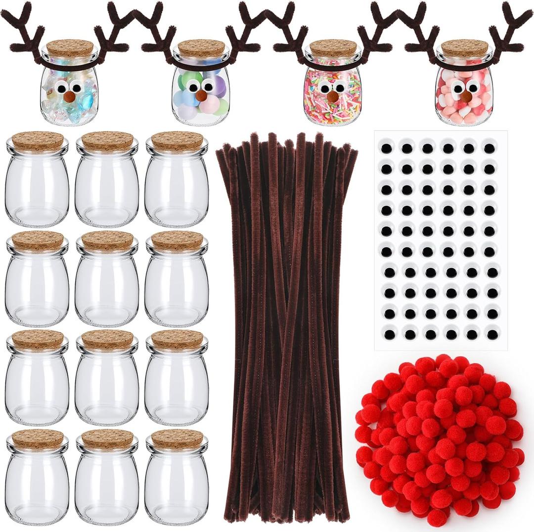 Roshtia 24 Pack Christmas Craft Kit Xmas Reindeer Candy Jar Craft Kit Glass Bottles with Cork, Pipe Cleaners, Googly Eyes & Pom Poms DIY Holiday Treat Containers, Arts Gift Crafts Activity
