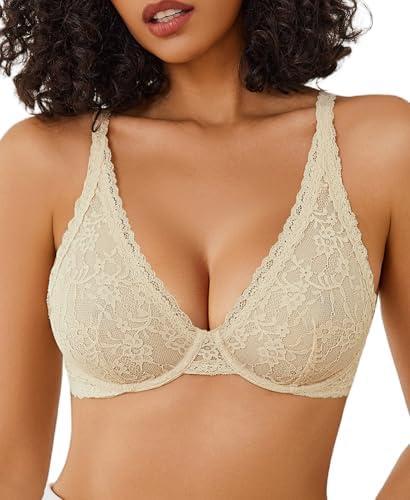Avidlove Women's Lace Bra Sexy Sheer Underwire Unlined Plunge Everyday Bras Full Coverage Bralettes, M