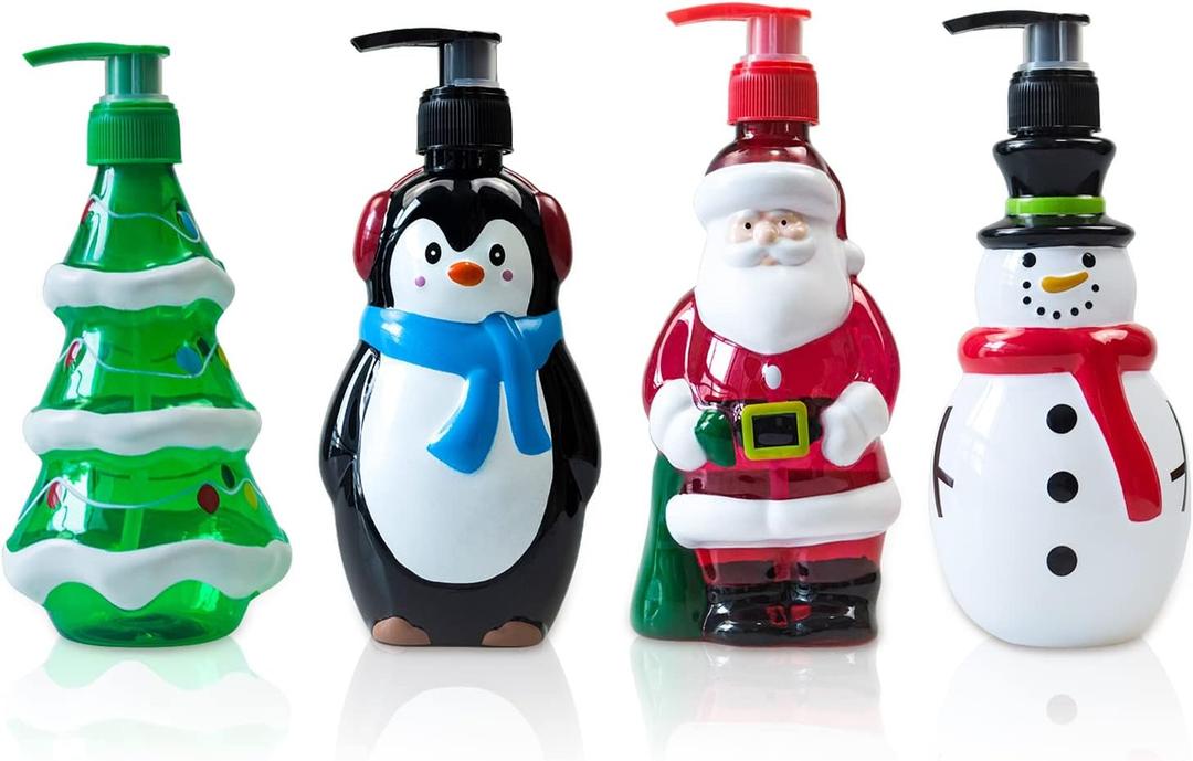 Christmas Theme Decoration Bottle, Soap Dispenser, Shampoo Dispenser, Lotion Containers, Santa Claus, Snowman, Christmas Tree, Penguin Plastic Pump Bottle, 11 Fluid OZ, 7 Inches High, 4 Pack
