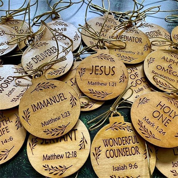 25 Pack Names of Jesus Ornaments, 5 cm / 2 inch Advent Ornaments, Wood Hanging Christmas Ornaments with Savior Names for Christmas Tree Decor