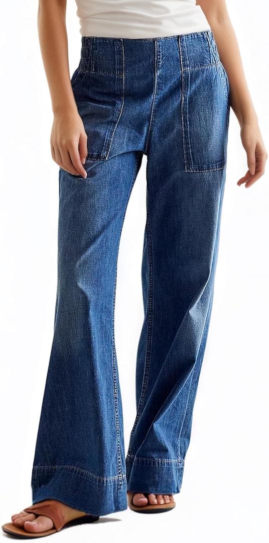 Womens Mid Rise Wide Leg Jeans Casual Baggy Pull-On Jeans Trendy Long Denim Pants with Pockets (Blue, S)