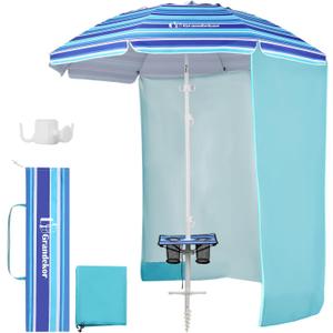 Grandekor 7FT Beach Umbrellas for Sand Heavy Duty Wind Portable Beach Umbrella with Table and Sun Shade Travel Beach Umbrella with Carry Bag Sun Umbrella Beach,UV 50+ (Blue&White-Sun Shade)