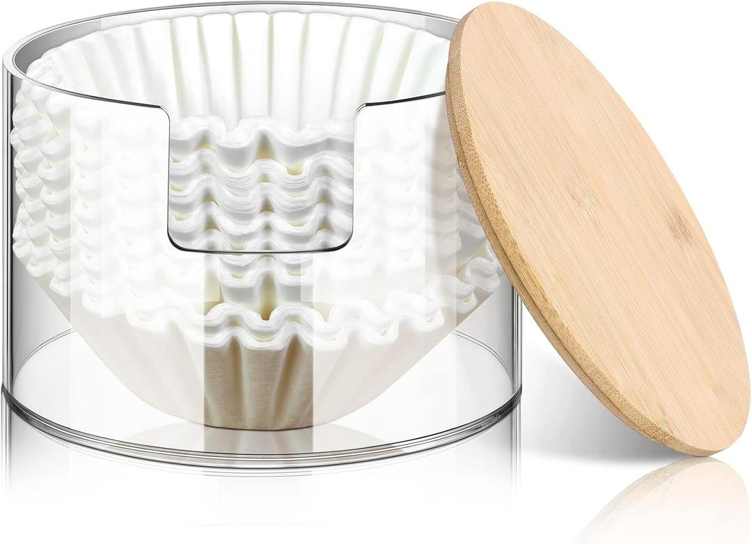 Qunclay Acrylic Coffee Filter Holder Reusable Clear Coffee Filter Storage Container Dispenser with Bamboo Lid for Counter Kitchen Accessories(Classic Style)