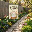 2 x Happy Easter Garden Flag - Gift Ready Packed - Easter Decorations Outdoor, Spring Decor Premium Linen Yard Flags for Outside, Winking Bunny & Eggs 12x18 Inch Double Sided (Beige)