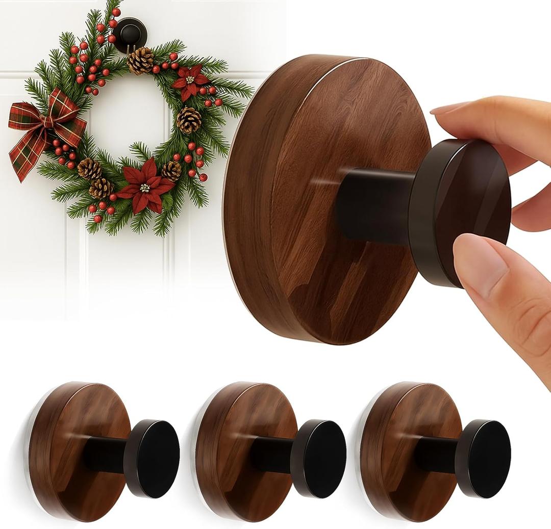 Suction Cup Hooks for Wreaths for Glasstwist suction cup hooks, No Damage Wreath Hanger for Glass Doors, Magnetic Door Hooks for Wreaths, Wreath Hanger Suction Cup for Front Door (Walnut, 4-Pack)