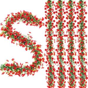 4 Pcs 6 ft Artificial Flowers Wisteria Garland-Total 24 ft Fake Hanging Wisteria Flowers Green Vines Garlands, Faux Flower Daisy with Eucalyptus Leaves for Garden Decor (Red)