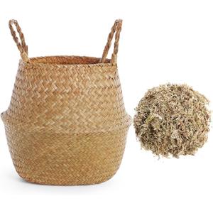 Knitgrip Large Wicker Plant Basket with Handle 10 Inch Woven Seagrass Belly Basket and Artificial Moss for House Plants Picnic Grocery Laundry Storage Home Decor(Large,Original,1 Pack)