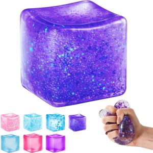 Ice Cube Squishy Fidget Toy, Slow Rise Squeeze Sensory Toy Stress Ball for Office Desk Anxiety Relief, Focus & Calm Novelty Gift for Teens - Purple Glitter