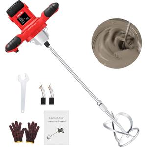 Cement Mixer, Handheld Electric Concrete Mixer, Portable Mortar Mixer with 6 Adjustable Speed, 110V Mud Mixer Machine Drill Tool for Paint Mortar Fodder Mixing Drywall Grout Plaster (Red)