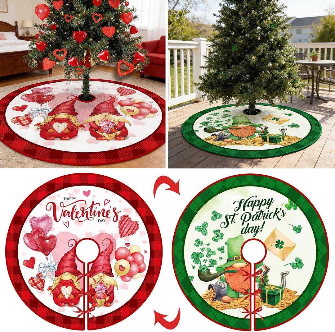 48 Inch St. Patrick's Day Tree Skirt Reversible Valentine's Day Decorations Double Sided Print Hearts Shamrock Mat for Home Holiday Party Decoration