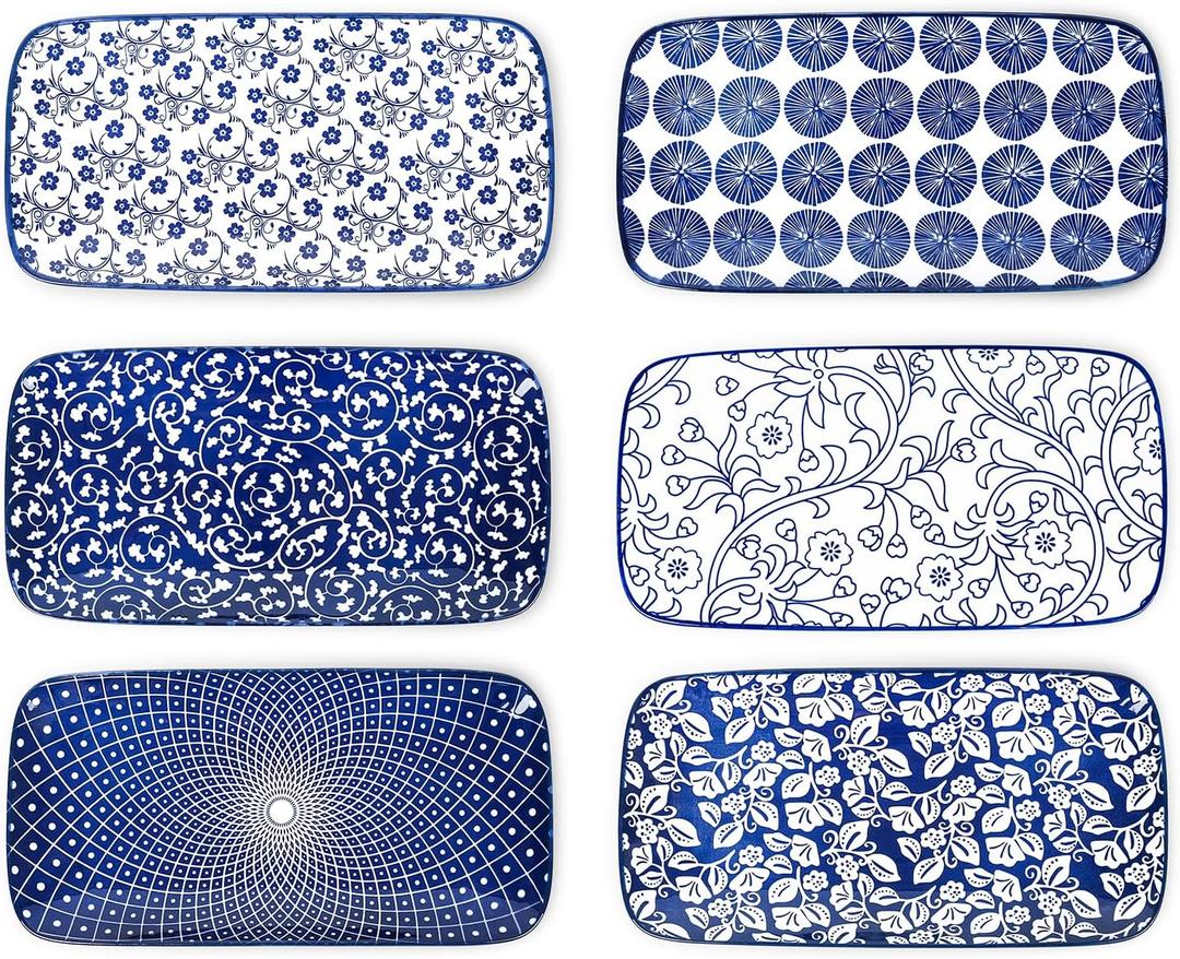 Selamica Ceramic Serving Platters, 12 Inch Serving Trays for Party Entertaining, Large Rectangular Serving Plates for Food, Set of 6, Vintage Blue