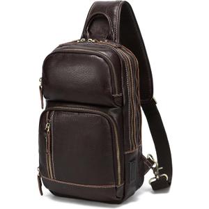 LANNSYNE Full Grain Leather Sling Bag For Men Crossbody Chest Daypack fits 10.5" iPad (Coffee1 for 10.5" Ipad)