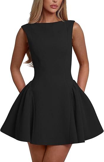 YMDUCH Women's Summer Sleeveless Crew Neck Backless A-line Mini Party Prom Dress Size M, Black