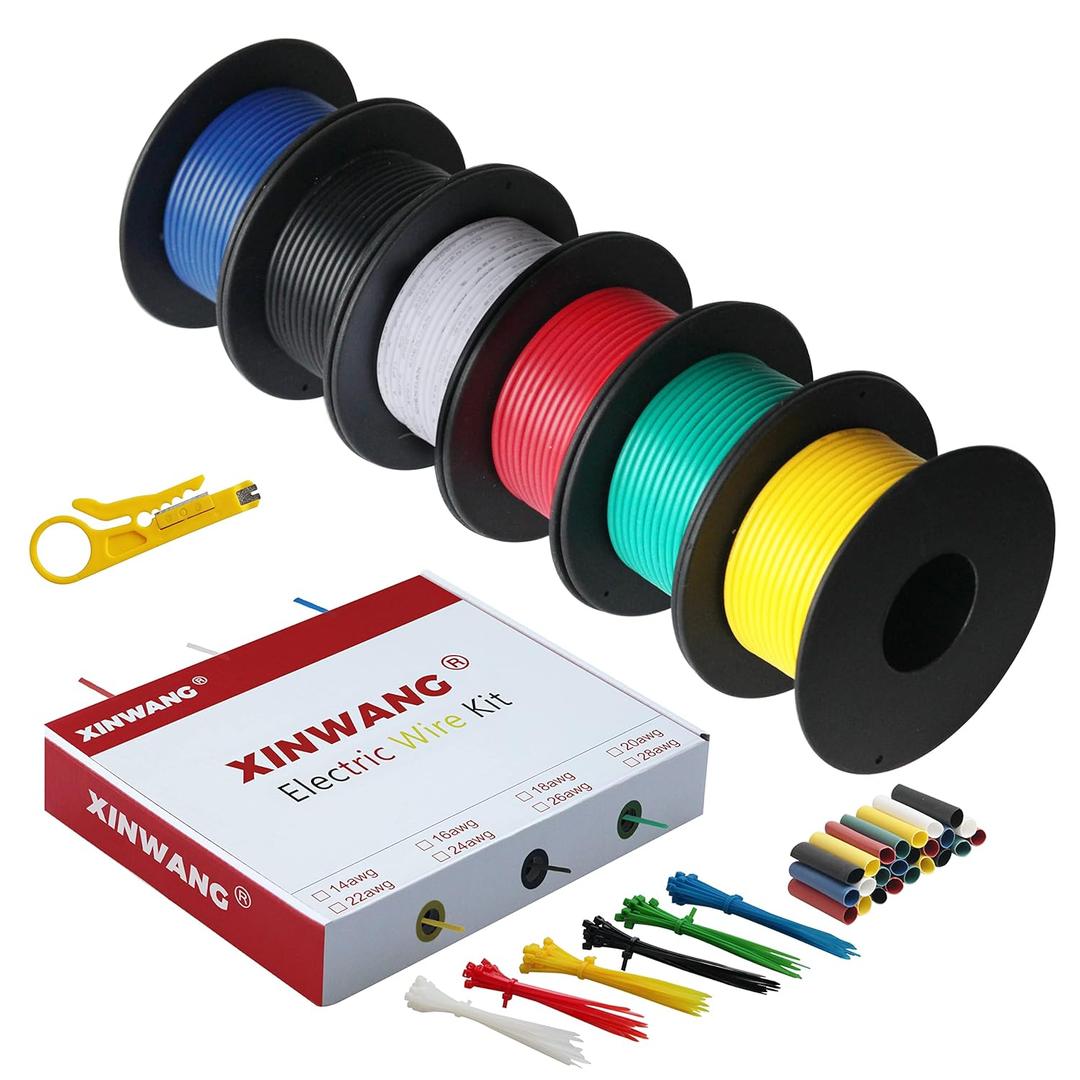 24 Gauge Electrical Wire,24 awg Wire-XINWANG 24 Gauge Stranded Tinned Copper Wire with PVC Insulation(OD:1.4 mm) 6 Colors,33ft Each, Hook Up Wire Kit