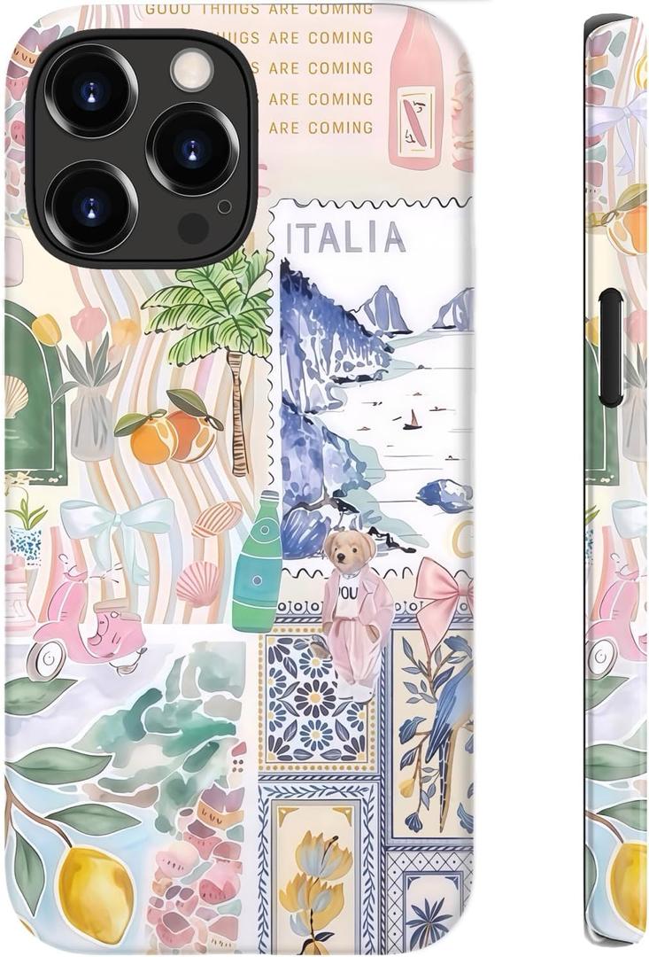 for iPhone 13 Pro Max Case Cute - Wireless Charging Compatible - Dual-Layer Hard Shell + Silicone Cover - Aesthetic Protective Phone Case for Women - Coquette Italian Summer Collage Coastal