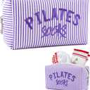 Pilates Grip Socks Bag Embroidered Seersucker Pouch for Women | Cute Makeup Cosmetic Organizer and Gym Bag Accessory for Barre Yoga Reformer, Pilates Princess Gifts in Purple Stripe