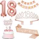 18th Birthday Decorations Set, Including 18th Tiara and Sash, Happy Birthday Banner, Cake Toppers, Number Candles and Balloons Set, Rose Gold