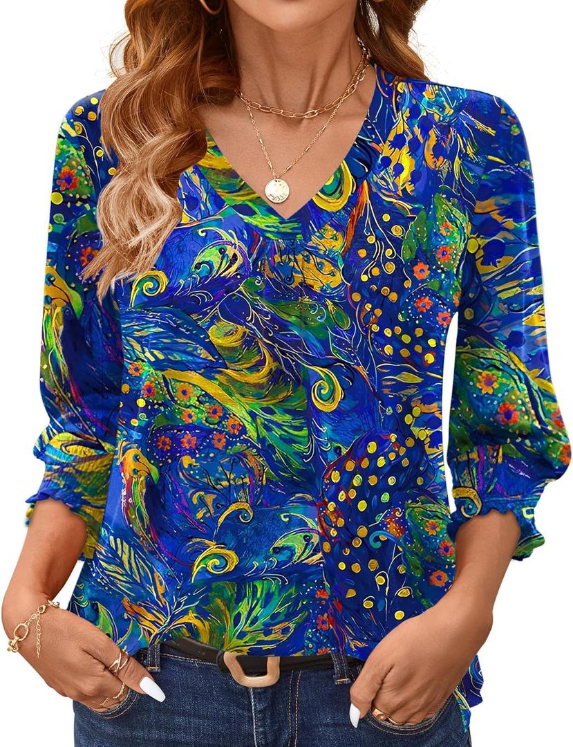 AKEWEI 3/4 Length Sleeve Womens Tops Summer Fashion V Neck Business Casual Blouses Smocked Shirts (X-Large, Blue Feather)