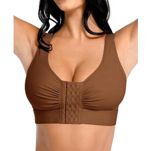 FeelinGirl Post Surgery Compression Bra for Women's Front Closure Bra with Adjustable Straps Wirefree (Dark Caramel) S
