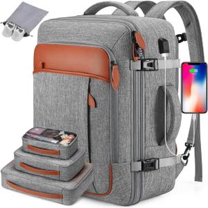 Travel Backpack, 17Inch Laptop Backpack, Carry-on Approved Bag for Men & Women, Waterproof Luggage with Packing Cubes, Shoe Pocket, Personal Item Size for Flights (Large, Grey)