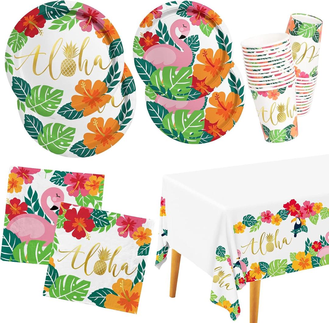 Tropical Luau Party Supplies Flamingo Party Dinnerware Set Disposable Paper Plates Napkins Cups and Tablecloth for Hawaiian Beach Party Decorations, Serve 25