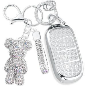 Cute Key Fob Cover with Rhinestone Bear Charm, Bling TPU Smart Key Case for Women, Compatible with Dodge Charger Challenger Durango，Jeep Wrangler Patriot Commander (5-Button, Silver)
