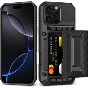 For iPhone 16 Pro Case Wallet with Card Holder [4 Cards] & Stand & Military-Grade Protection Heavy Duty Shockproof Hidden Card Slot Wallet Phone Case for iPhone 16 Pro for Women Men, Black