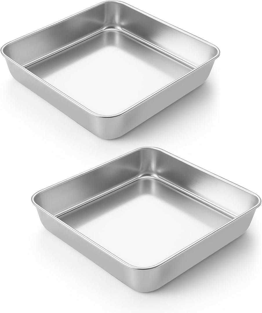 LIANYU 2 Pack 8 x 8 Inch Square Cake Pan, Stainless Steel Baking Lasagna Brownie Bread Pan, Square Bakeware for Birthday Party Wedding, Oven & Dishwasher Safe