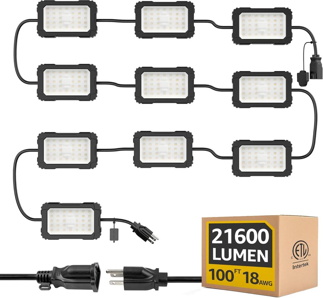 LED String Lights: 3 Prong 180w ETL Listed Bright Industrial Outdoor Temporary Lighting Hanging IP65 Waterproof 18AWG Wire Work Construction Light for Attic Jobsite Garage