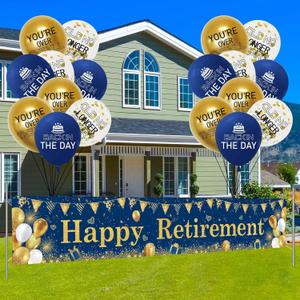 Retirement Party Decorations Blue Gold Happy Retirement Banner with 18Pcs Balloons Large Retire Yard Sign for Men, Women, Farewell Party Outdoor Indoor Hanging Decor Supplies.