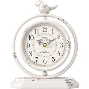White Vintage Table Clock with Bird, European Retro Style Mantel Clocks, Desk and Shelf Decor Clock, for Living Room, Farmhouse, Bedside, Bedroom, Gift (7.9" H x 6.3" W)