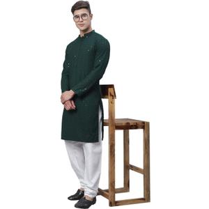 Sojanya (Since 1958 Men'S Pure Cotton Green Embroidered Sequined Kurta And White Pyjama Set L