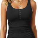 Yonique Women's Tankini Top Only Button Tummy Control Swim Tank Top Modest Bathing Suit Top No Bottom (Large, Black)