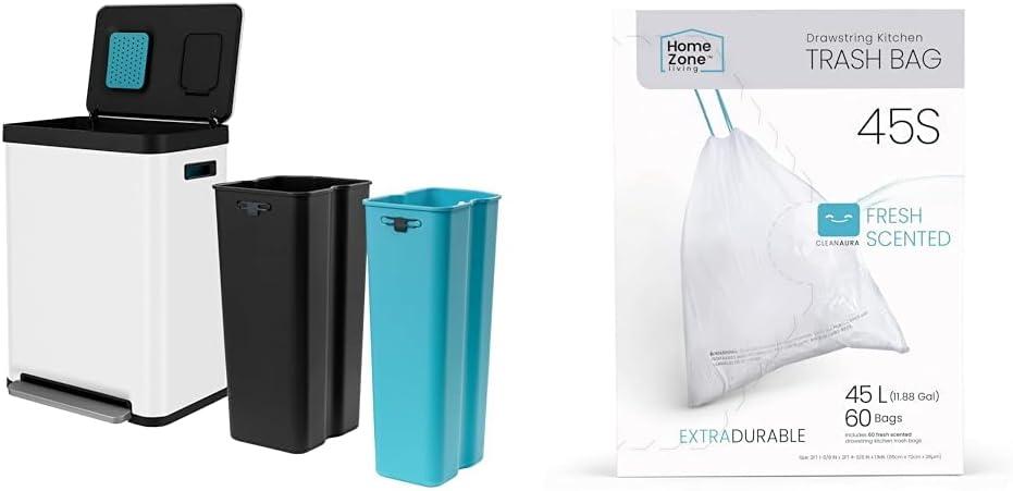Home Zone Living 18.5 Gallon Kitchen Trash Can, Dual Removable Liners for Recycling and Trash & 12-13 Gallon Kitchen Trash Bags with Drawstring Handles (Matte White)